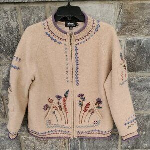 Vintage Icelandic Design Embroidered Beige Cardigan Jacket  Medium